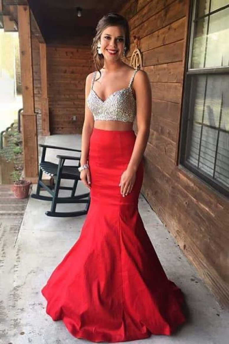 Graceful Two Piece Cheap Long Red Prom Dresses - Bridelily