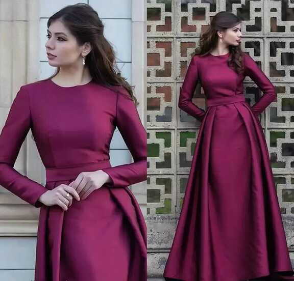 Grape Purple Satin Evening Dresses Modest Design Long Sleeve Small ...