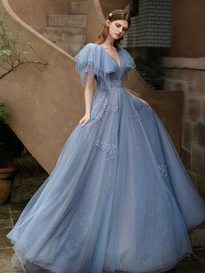 Gray Blue V Neck Tulle Sequin Long Prom Dress, Blue Formal ...