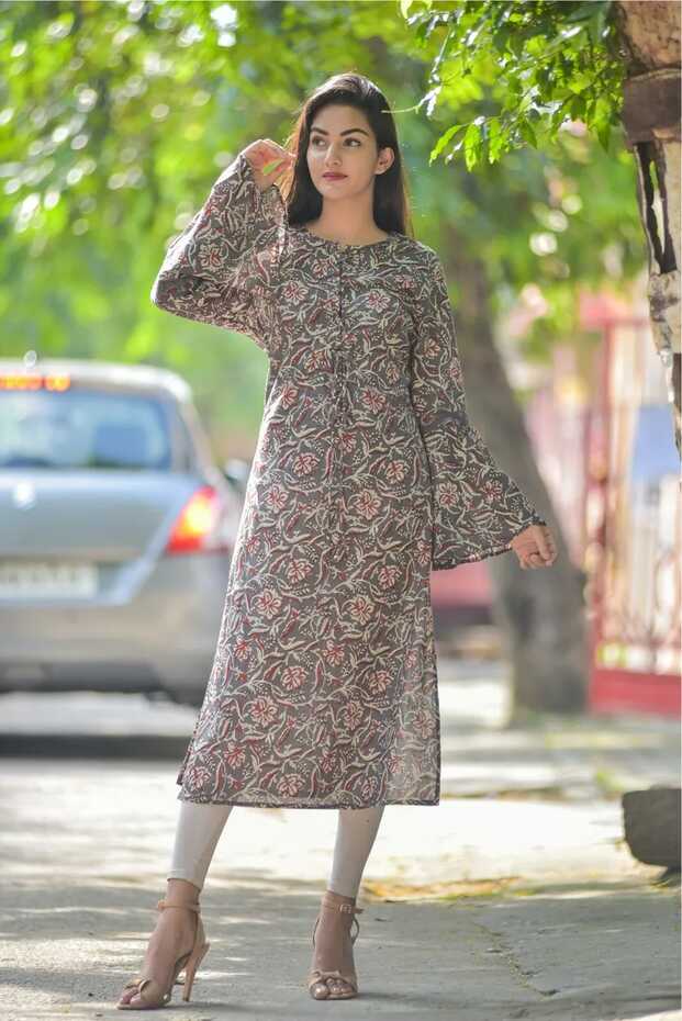 Gray Floral Cotton Kurtis Indian Handmade Stylish Kurtis For Girls ...