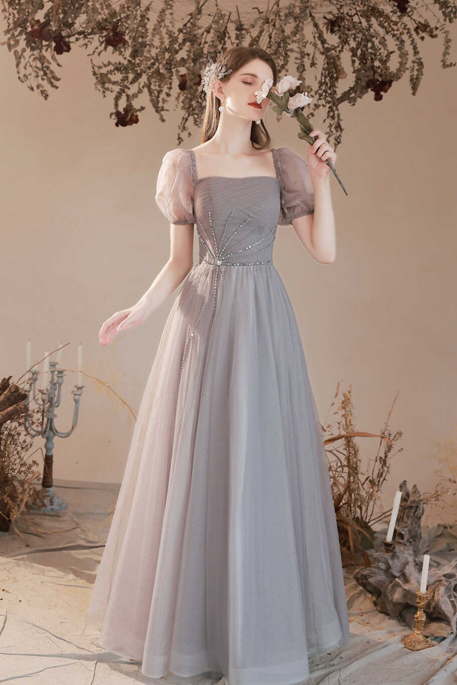 Gray Tulle Beaded Long Prom Dress, Lovely Short Sleeve Evening Graduat