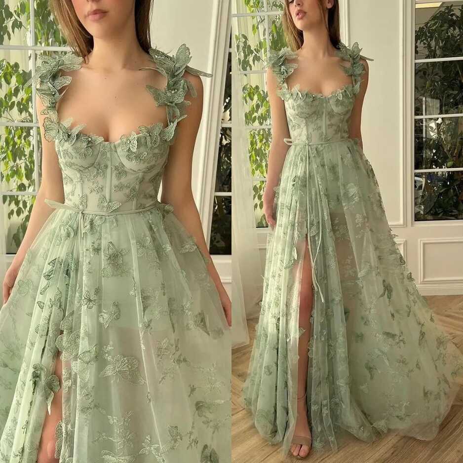 Green 3D Floral Bone Bodice Green Floral Prom Dress With Slit ...