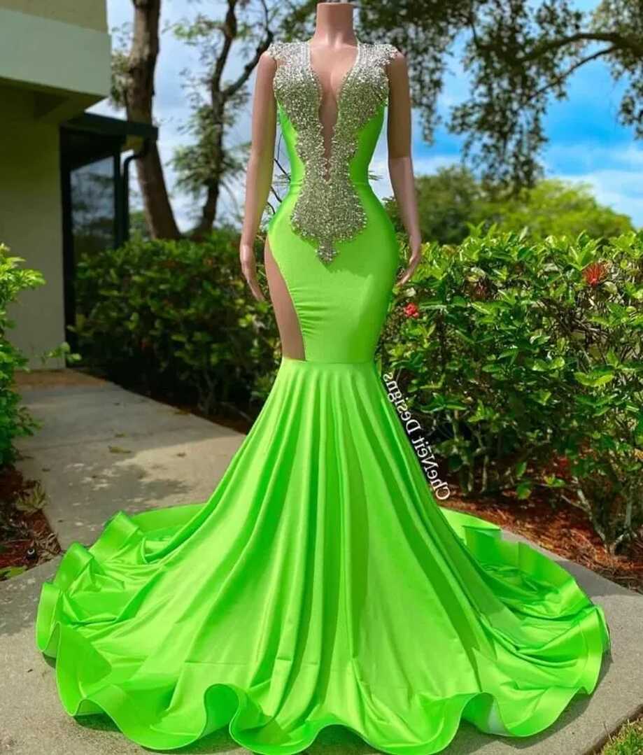 Green And Orange Mermaid Neon Green Prom Dress With Deep V Neck ...