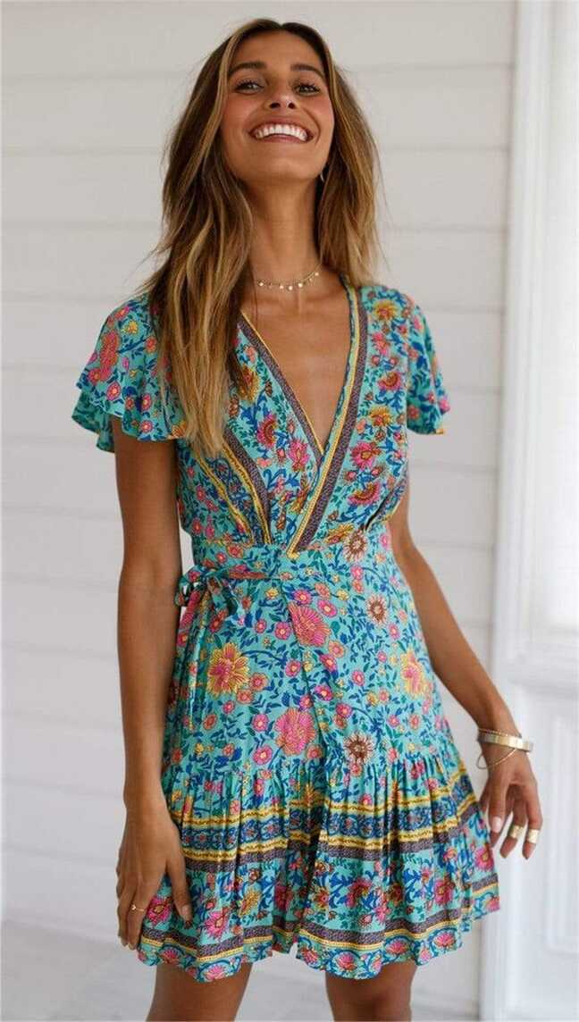 Green Boho Floral Print Wrap Mini Dress – Boho Beach Hut