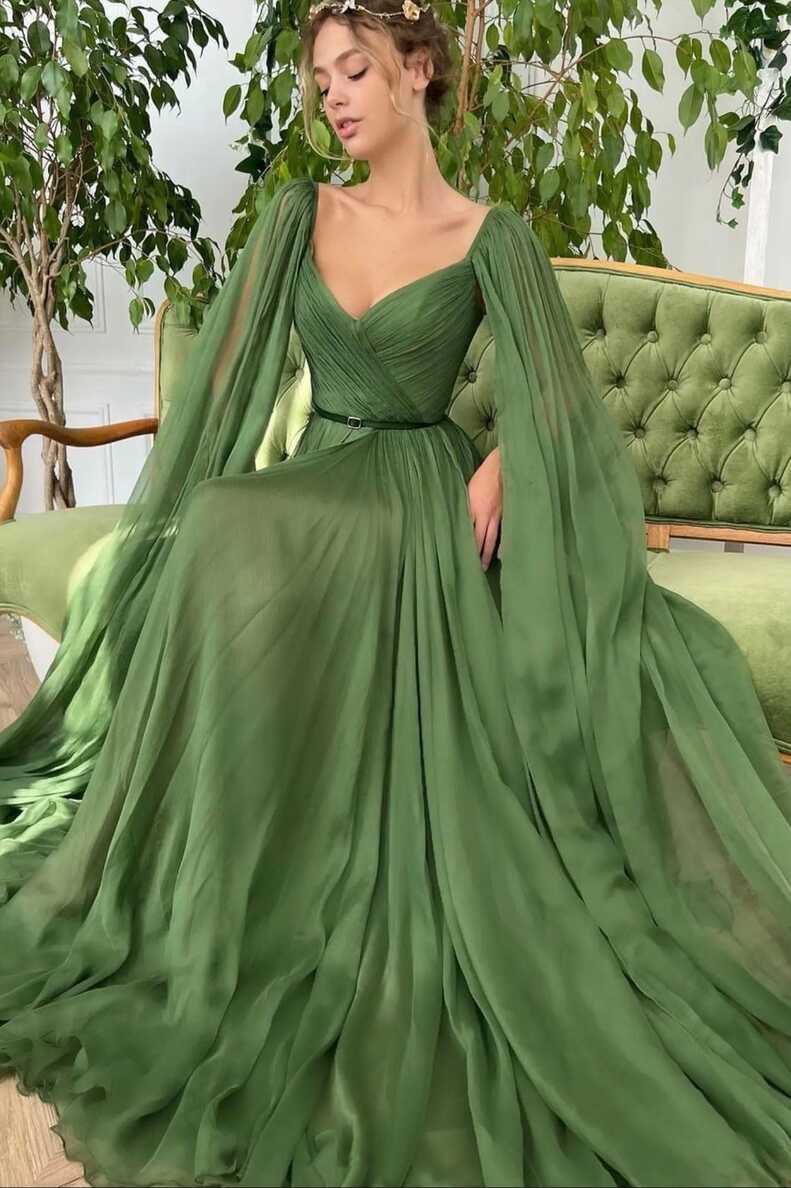 Green Chiffon Long A-Line Prom Dress, Long Sleeve Evening Graduation D