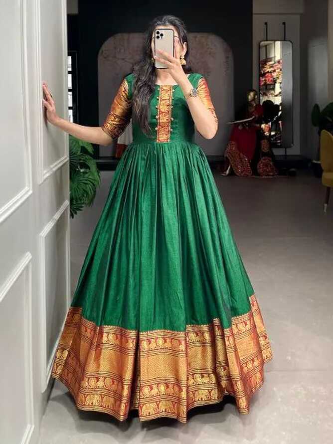 Green Color Narayanpet Gown With Zari Weaving Work South Indian Gown