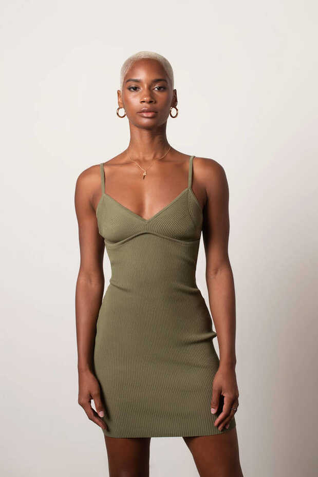 Green Dress - Ribbed Dress - Mini Bodycon Dress