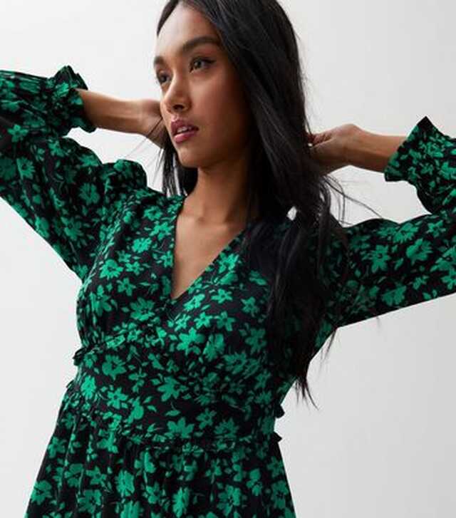 Green Floral Long Sleeve Frill Mini Dress | New Look