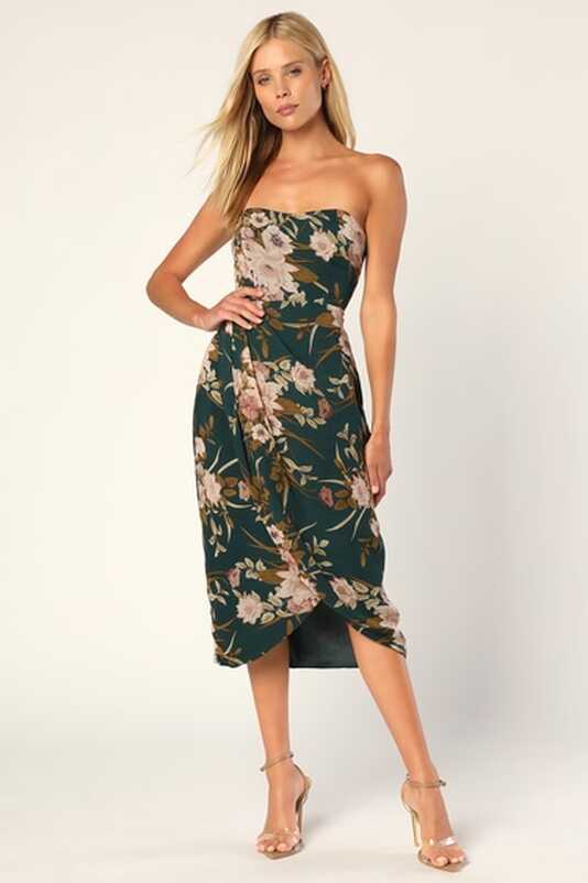 Green Floral Midi Dress - Green Formal Dress - Strapless Dress - Lulus