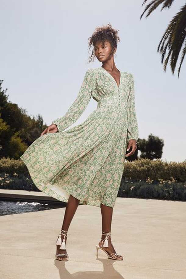 Green Floral Midi Dress - Pleated Midi Dress - Long Sleeve Dress ...