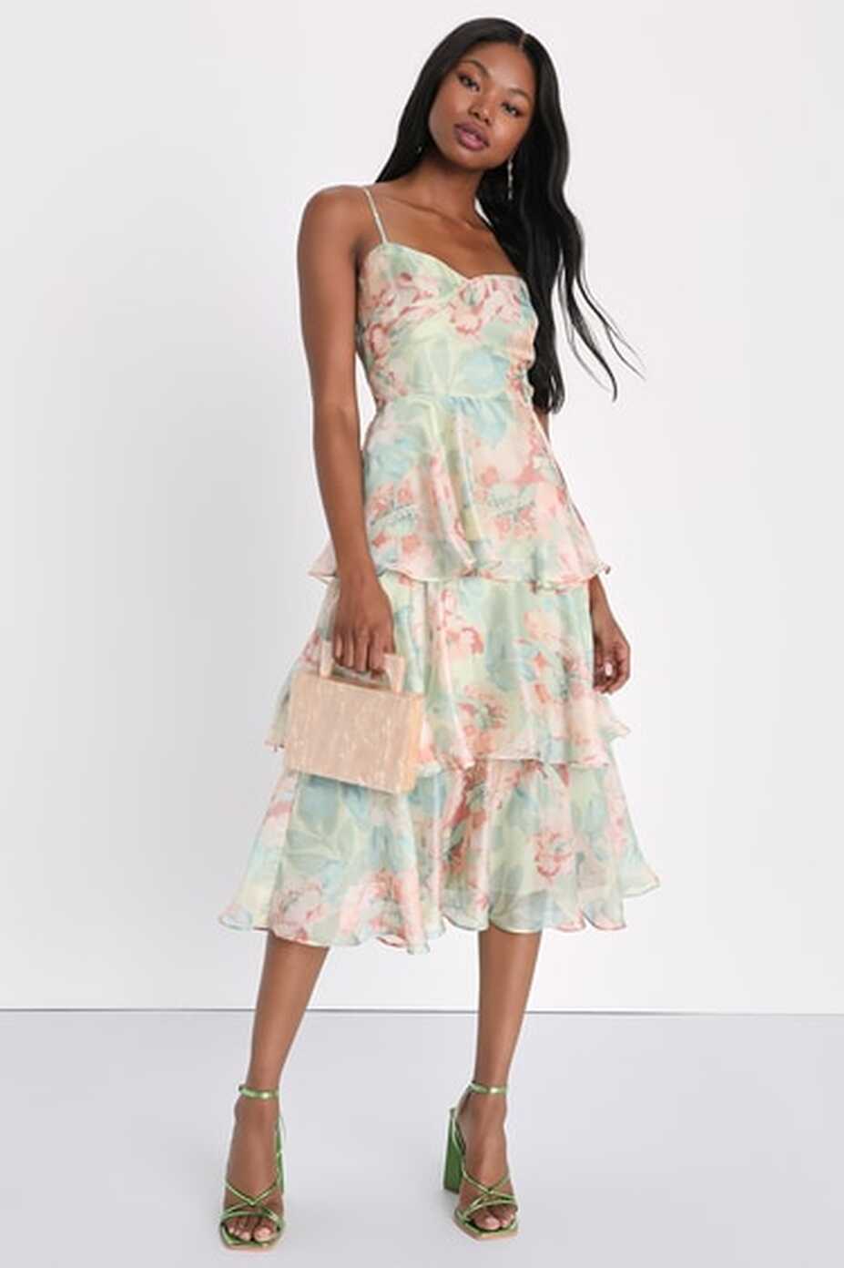 Green Floral Midi Dress - Tiered Midi Dress - Floral Dress - Lulus