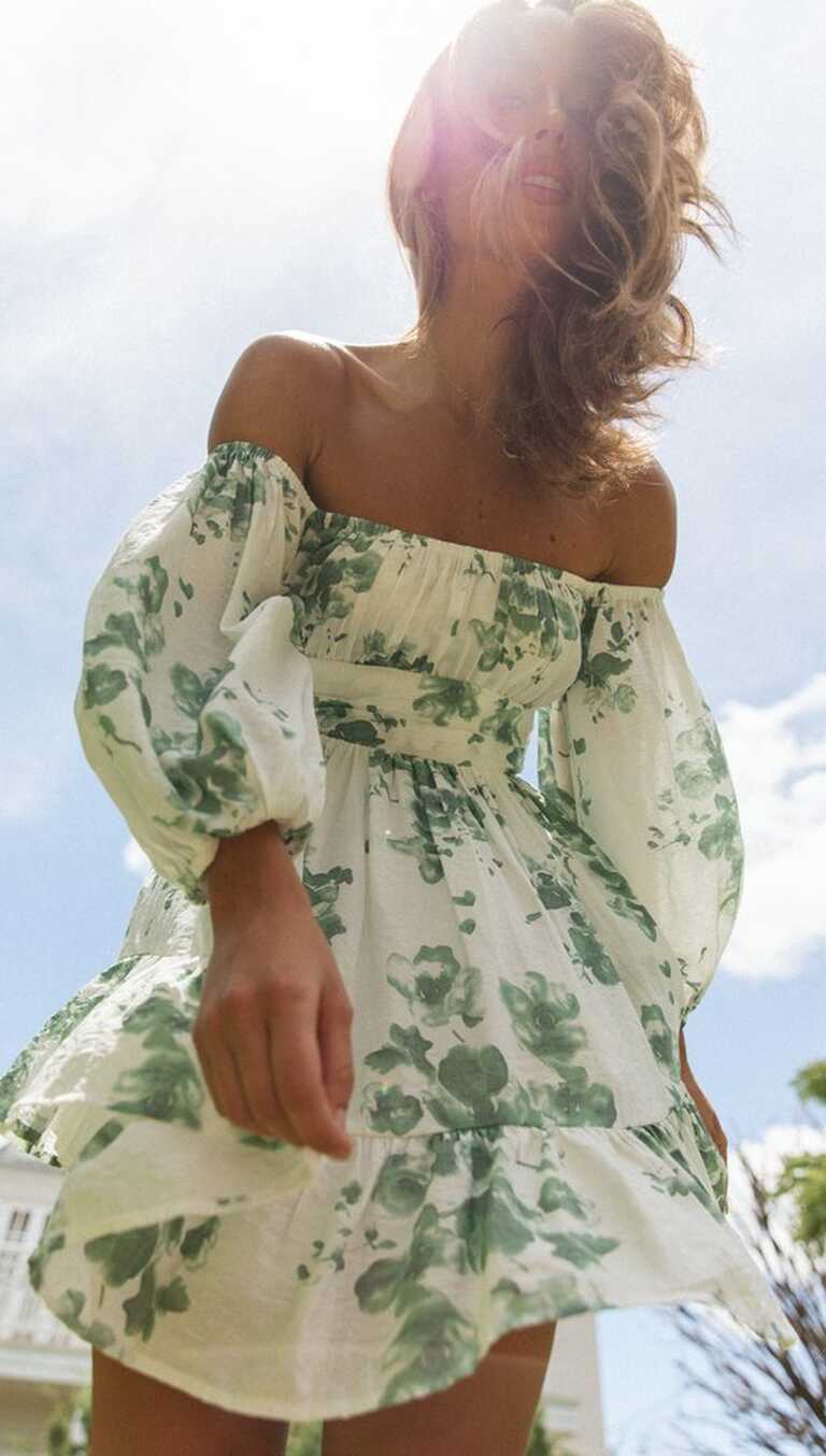 Green Floral Off Shoulder Long Sleeve Dress – Gabi Swimwear