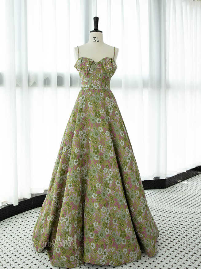 Green Floral Print Prom Dresses Spaghetti Strap Formal Dress ...