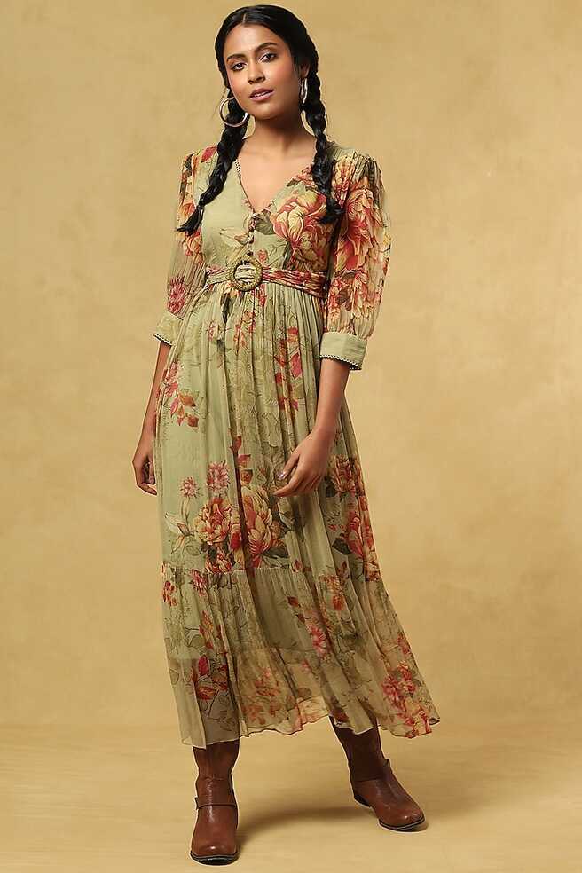 Green Floral Printed Maxi Dress Design by Ritu Kumar at Pernia&#39;s ...