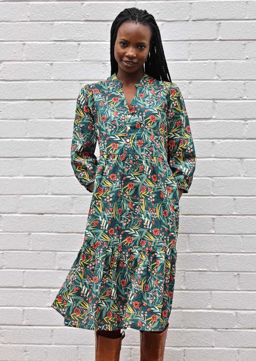 Green Forest Flower Tiered Midi Dress | Karma East Australia