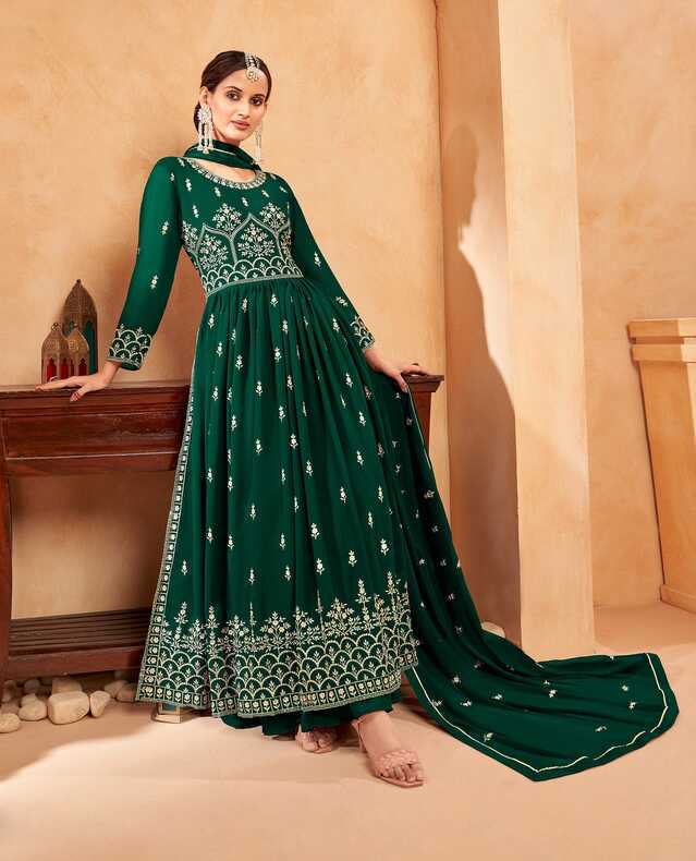 Green Georgette Embroidered Naira Cut Party Wear Festive Suit– FasGlam