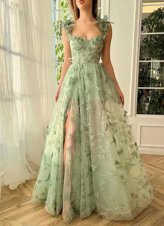 Green Lace Evening Dresses 2024 Hi-lo Spaghetti Strap A Line Front ...