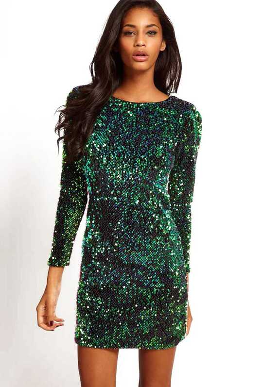 Green Long Sleeve Sparkles Sequined Glitzy Bodycon Dress