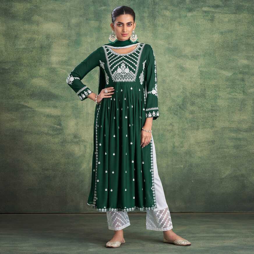 Green Lucknowi Work Rayon Naira Cut Palazzo Suit