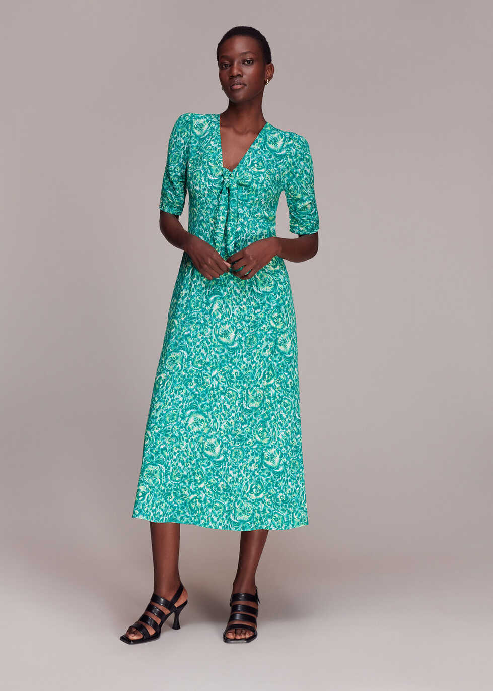 Green/Multi Clouded Floral Tie Midi Dress | WHISTLES | Whistles UK |