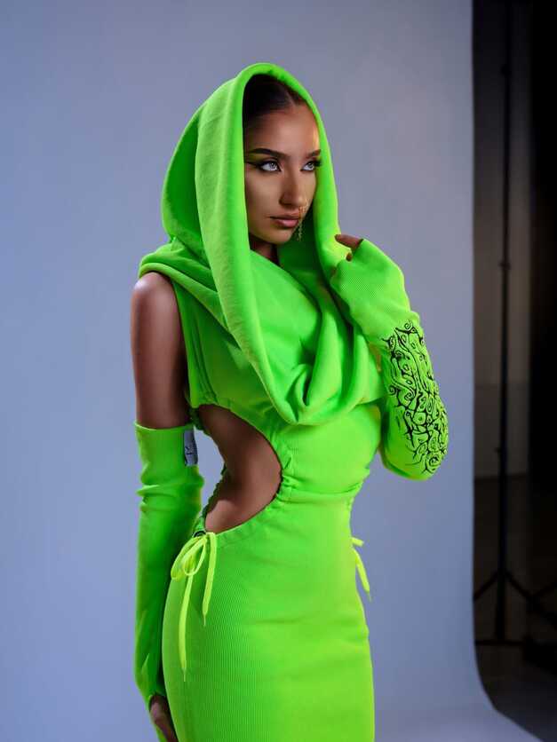 Green Neon Stretched Dress &amp; Gloves – Dona Matoshi