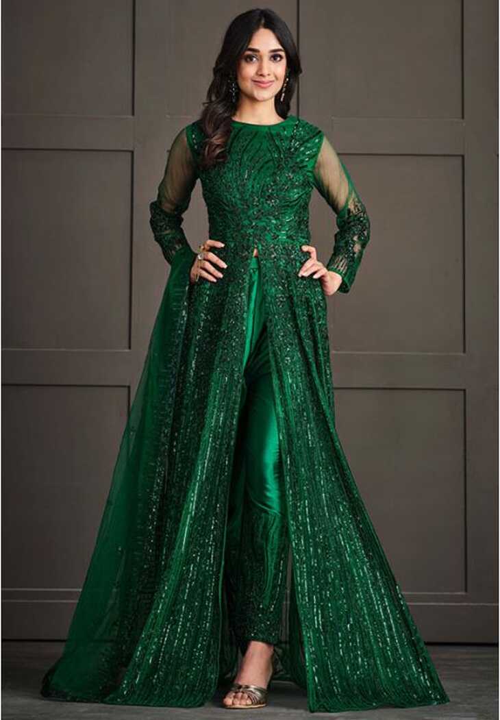 Green Net Wedding Indian Pakistani Long Gown Anarkali Suit ...