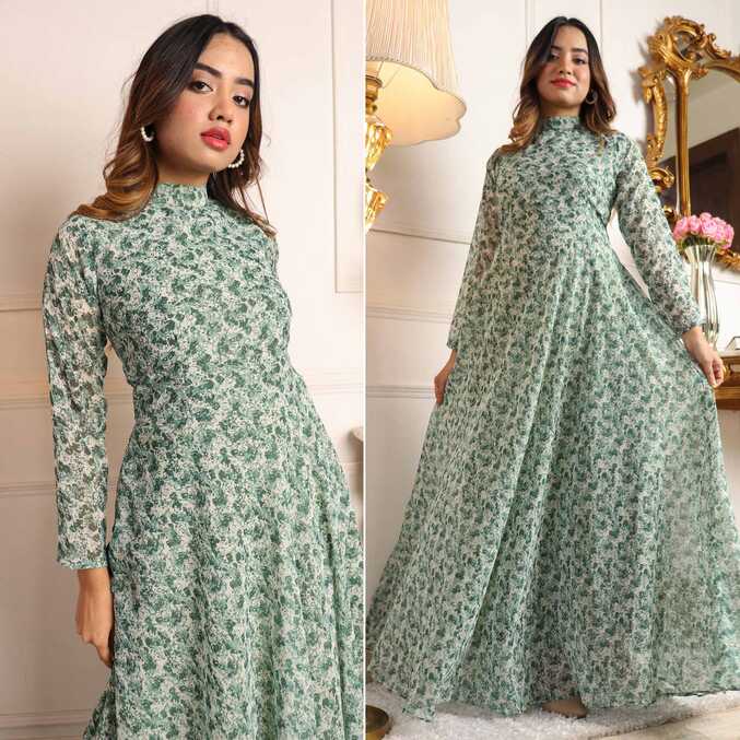 Green Printed Georgette Gown