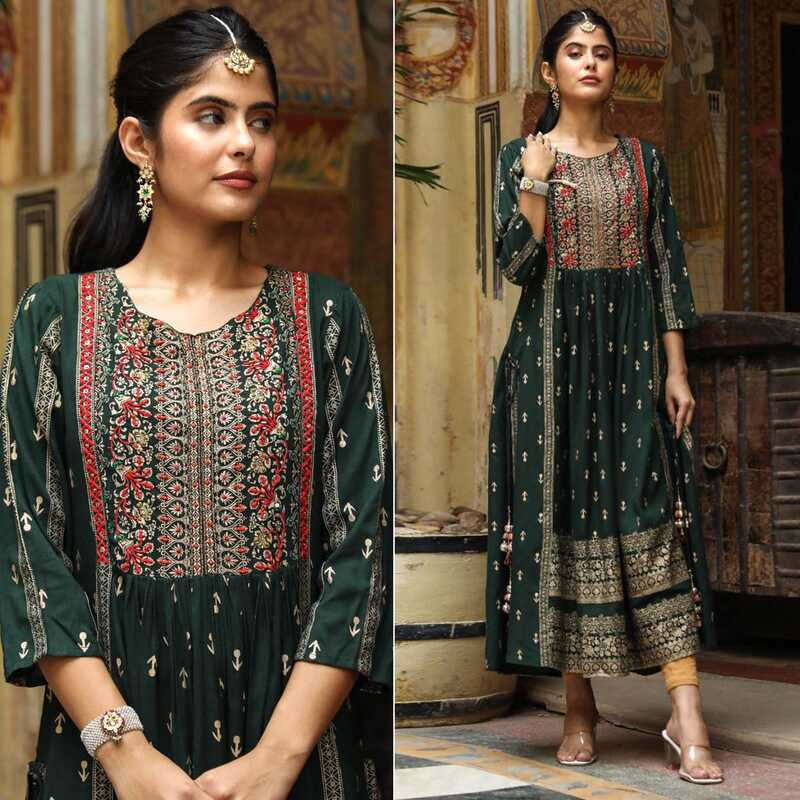 Green Printed With Embroidered Rayon Naira Cut Kurti