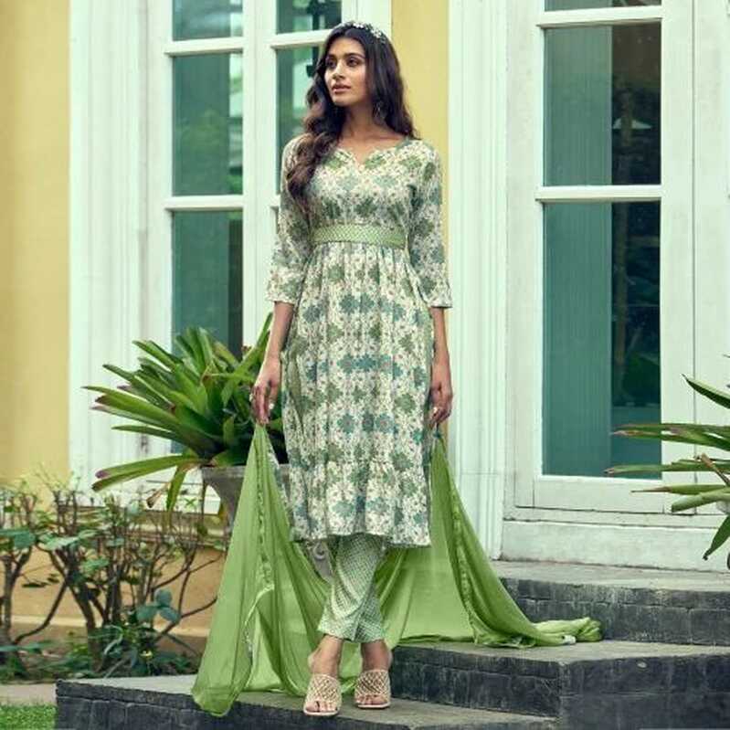 Green Printed With Mirror Work Rayon Naira Cut Suit at Rs 1599.00 ...