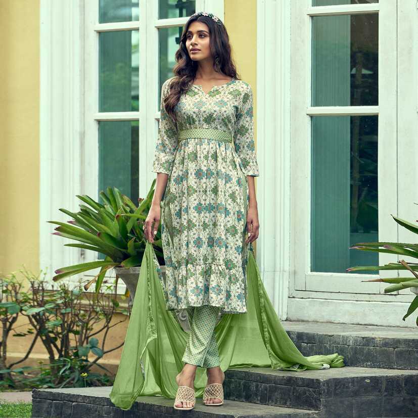 Green Printed With Mirror Work Rayon Naira Cut Suit