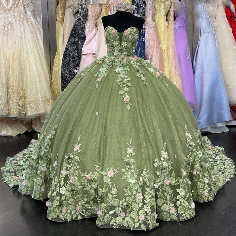 Green Quinceanera Dresses Princess Ball Gown 3D Flowers Party ...