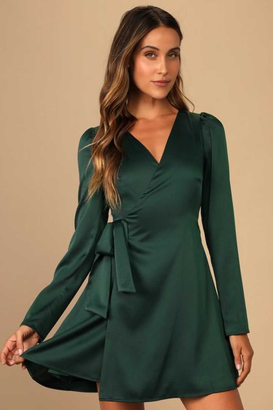 Green Satin Dress - Long Sleeve Mini Dress - Mini Wrap Dress - Lulus