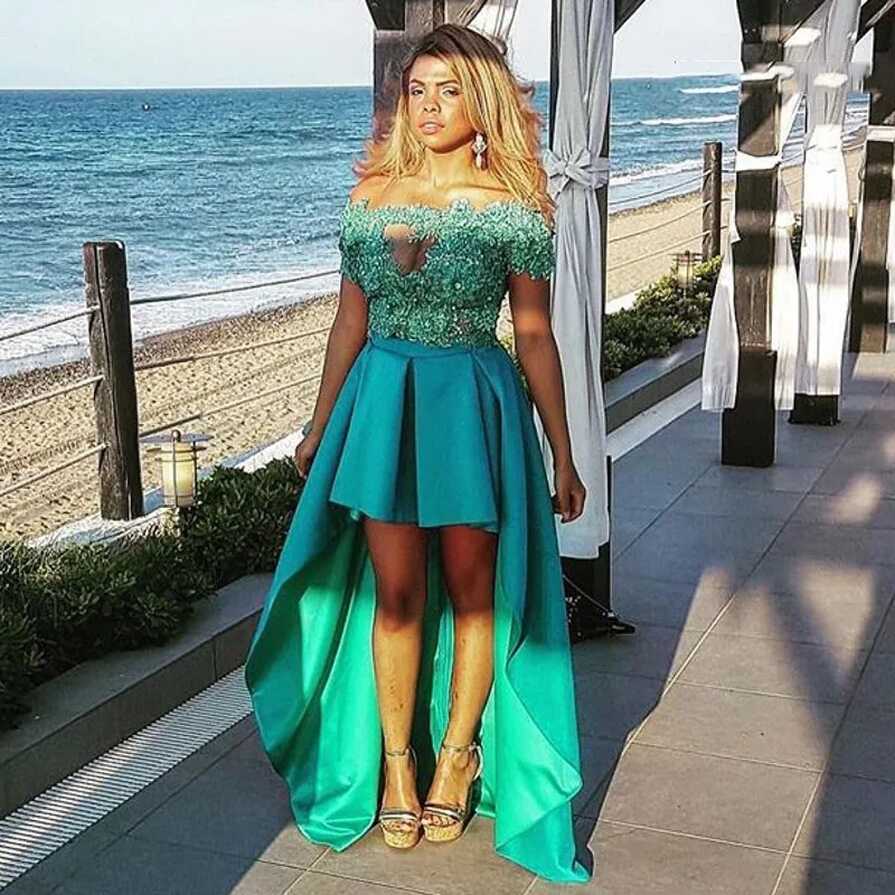 Green Satin High Low Short Sleeve Prom Dress With Illusion ...