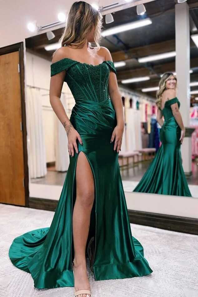 Green Satin Lace Mermaid Off Shoulder Prom Dresses MP779 | Musebridals