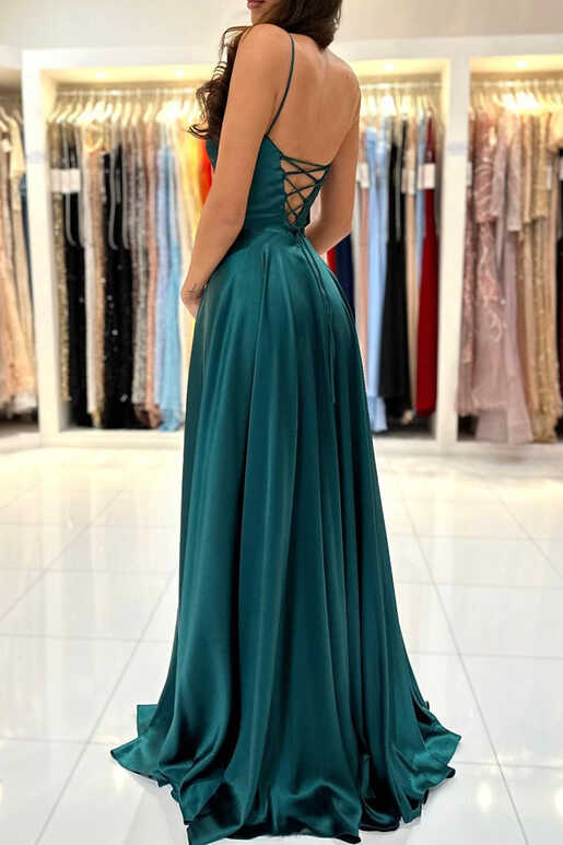 Green Satin Long Prom Dress, Simple A-Line Evening Dress