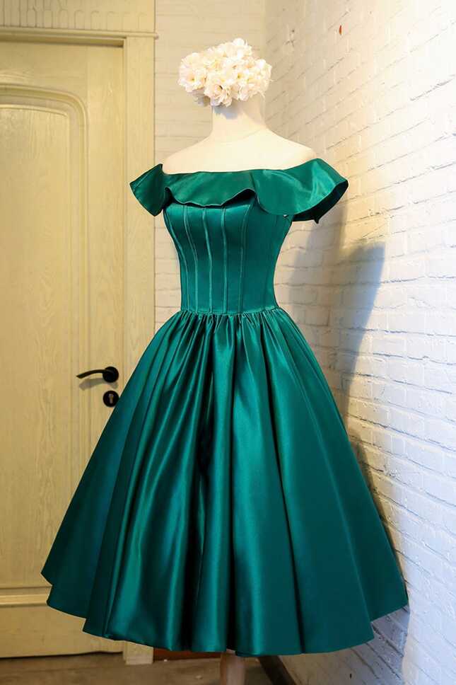 Green Satin Short Homecoming Dress, Cute Off the Shoulder Knee Length