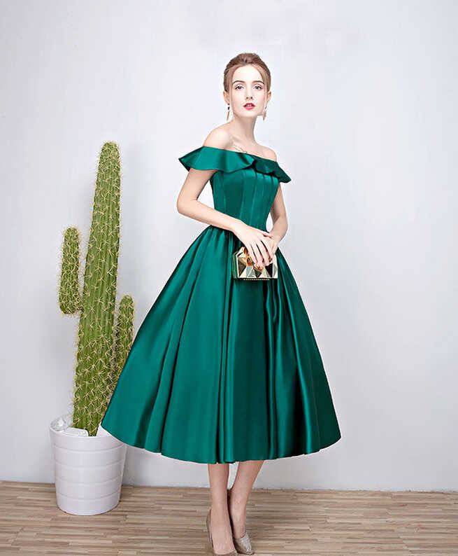 Green Satin Short Prom Dress, Green Tea Length Homecoming Dresses ...