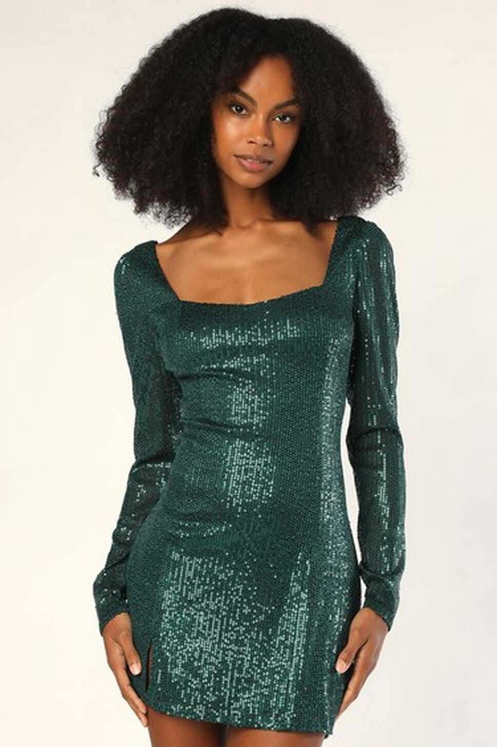 Green Sequin Dress - Mini Dress - Long Sleeve Cocktail Dress - Lulus