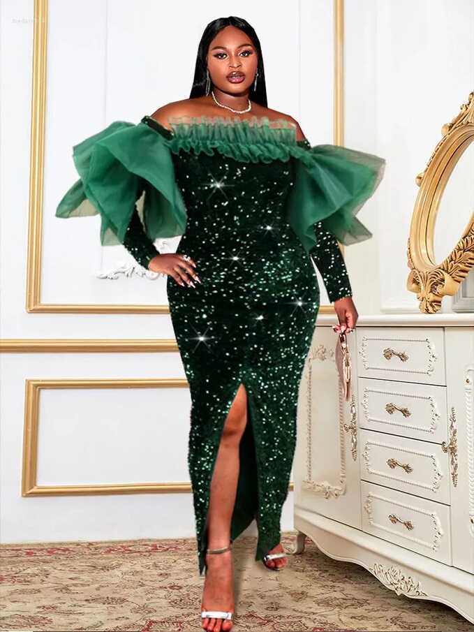 Green Sequin Off Shoulder Dress For Plus Size Women Perfect For ...