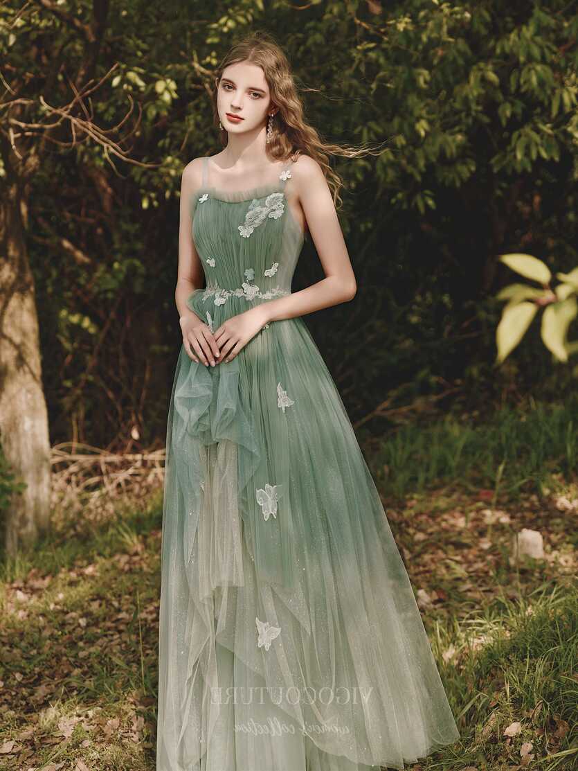 Green Spaghetti Strap Floral Prom Dress 20705 – vigocouture