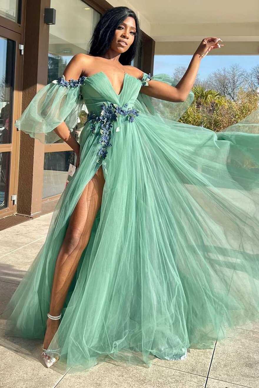 Green Tulle 3D Floral Lace Off-the-Shoulder A-Line Long Prom Dress ...