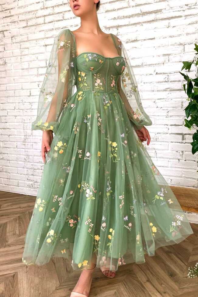 Green Tulle Lace Short Prom Dress, Cute Long Sleeve Homecoming Party D