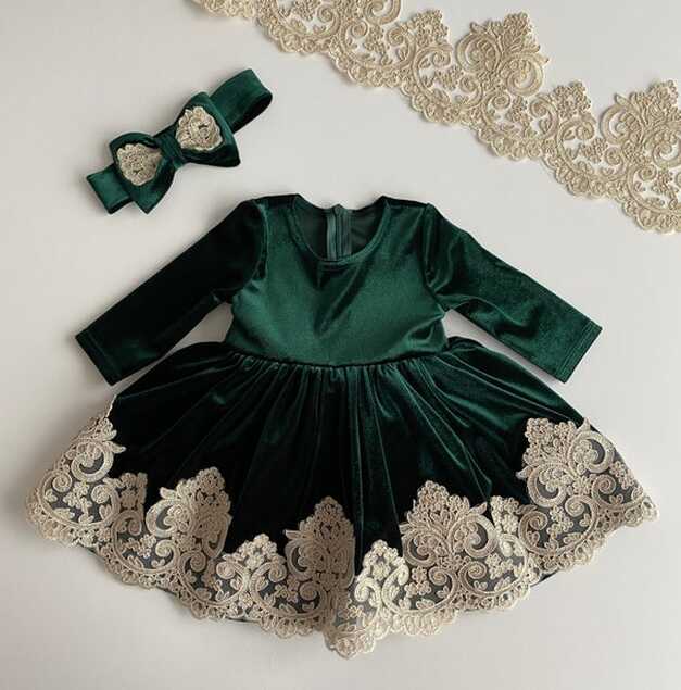 Green Velvet Baby Girl Dress, Birthday Girl Dress, Princess Dress ...