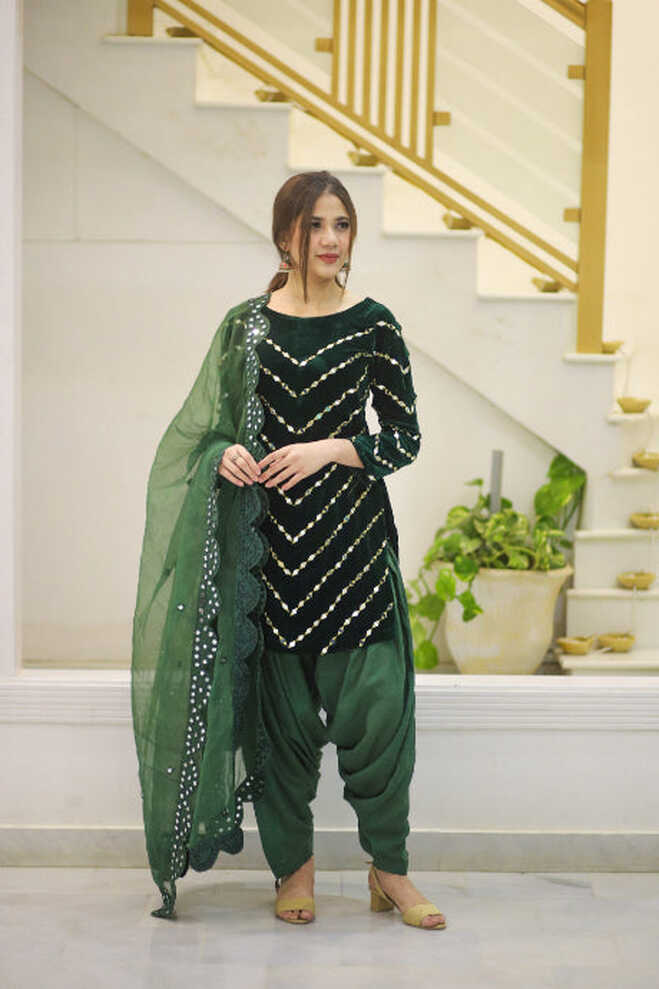 Green Velvet Mirror Salwar Suits Designs – TheDesignerSaree