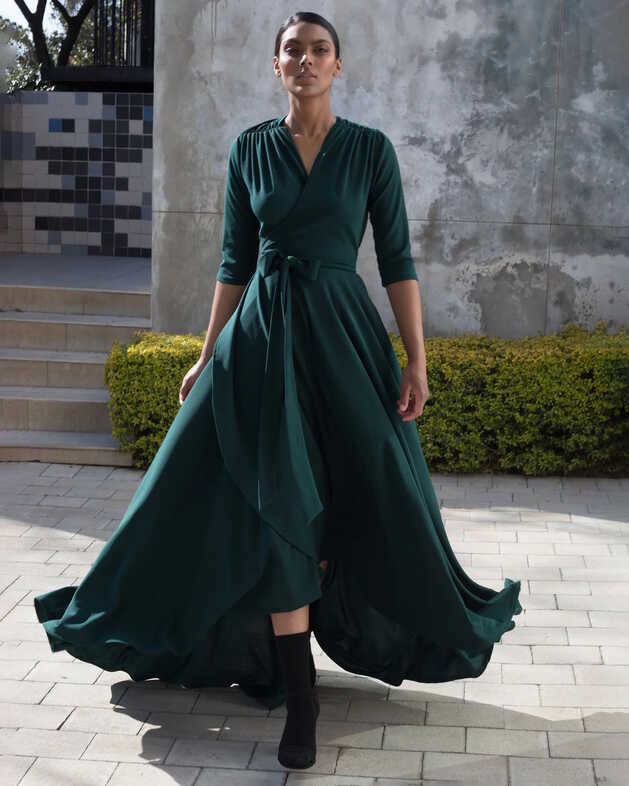 Green Wrap Evening Dress, Erre | Available on Equilibrio