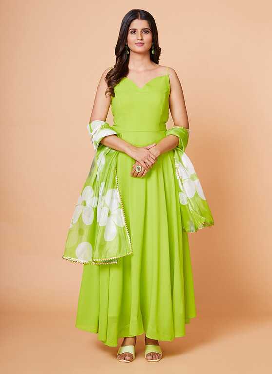 Green color Plain Work Faux Georgette Designer Gown