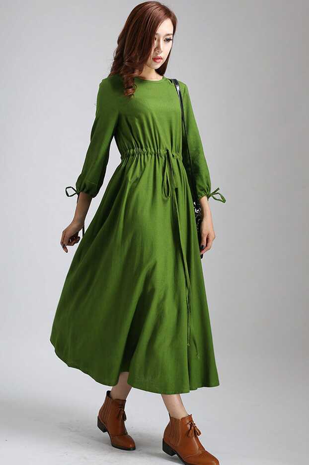 Green dress woman casual maxi dress long day dress custom made ...