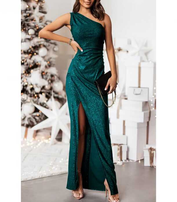 Green one-shoulder long glitter dress with slit | HerSecret.fi