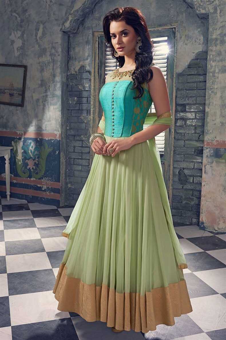 Green plain georgette anarkali suit - Fashionsworld - 1576165