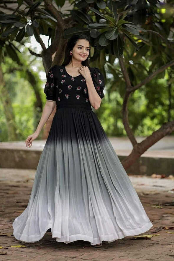 Grey &amp; Black Coloured Faux Georgette With Rich Digital Print with ...